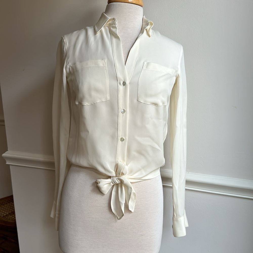 THEORY WOMEN Silk CREPE TIE-FRONT LONG SLEEVE BLOUSE IVORY Petite XS EUC - Picture 4 of 9